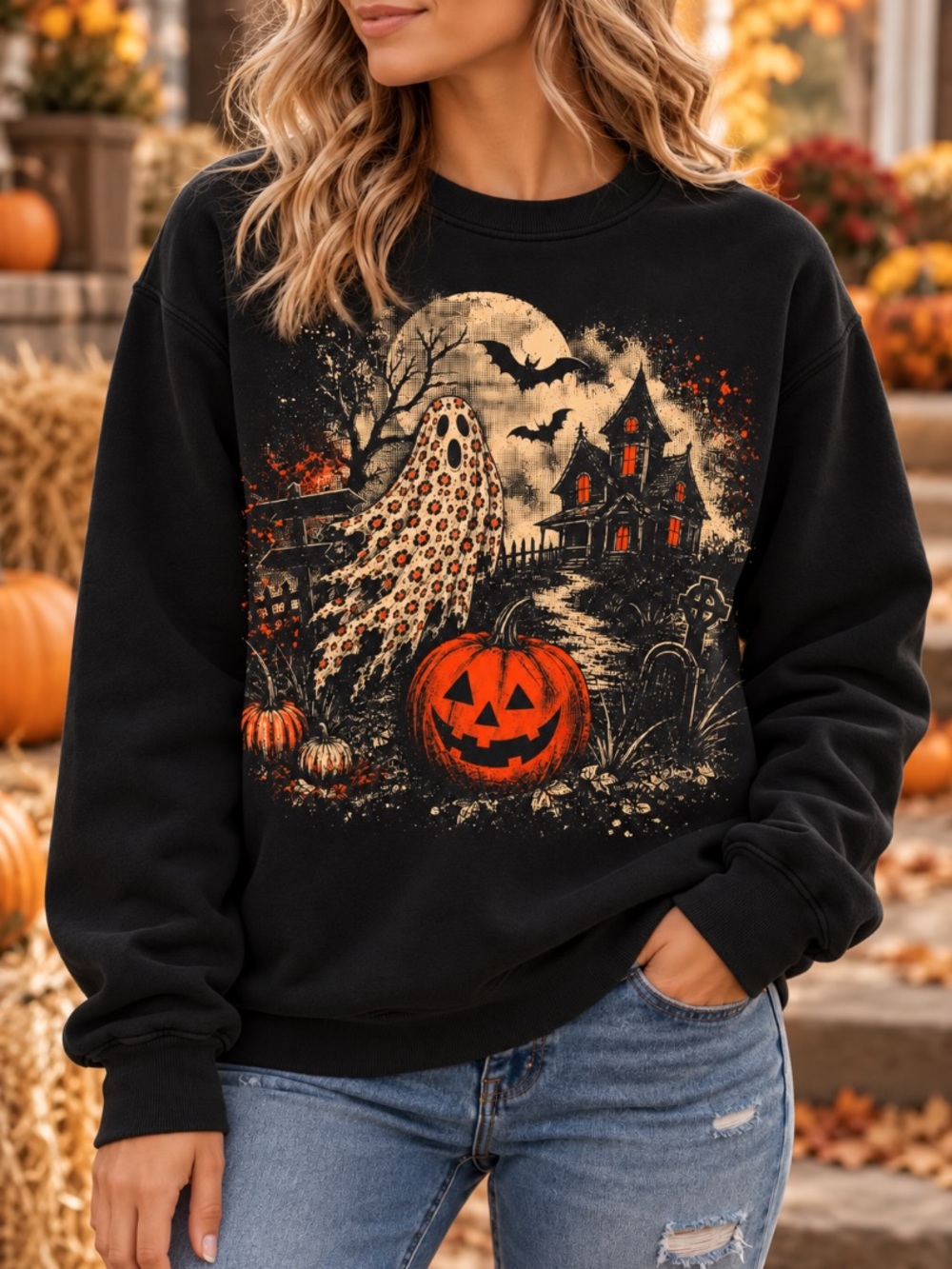 Leopard Ghost Halloween Shirt Pumpkin Graphic Sweatshirt Gildan Black Crewneck